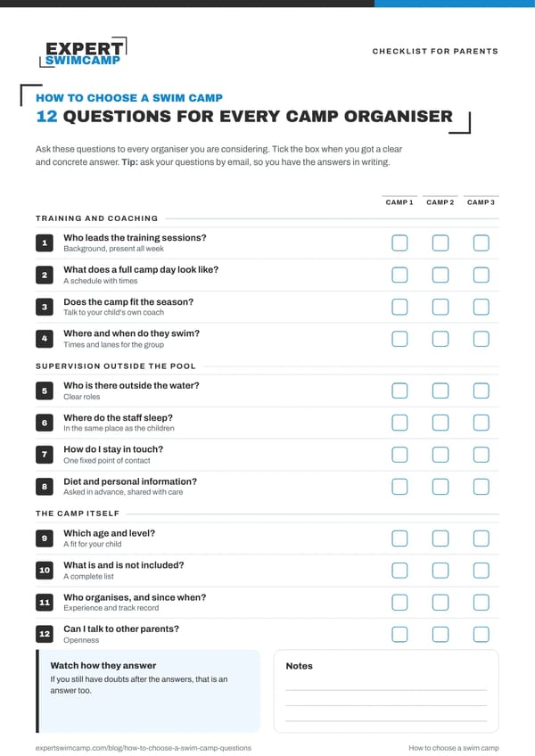 Printable checklist with the questions for a camp organiser